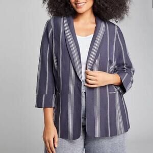 Lane Bryant The Bryant Blazer Womens Plus Size 14 Blue White Stripe Linen Button